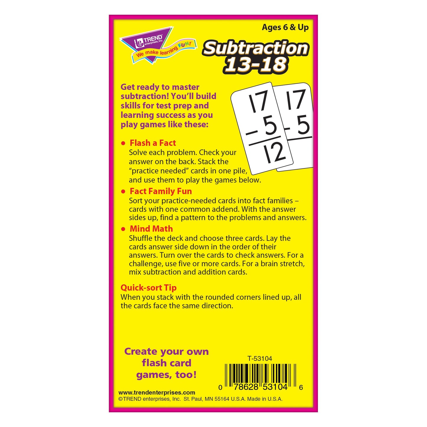 Trend Enterprises: Subtraction 13-18 Skill Drill Flash Cards, Exciting Way For Everyone To Learn, Self-Checking Design, Great For Skill Building And Test Prep, 99 Cards Included, Ages 6 And Up