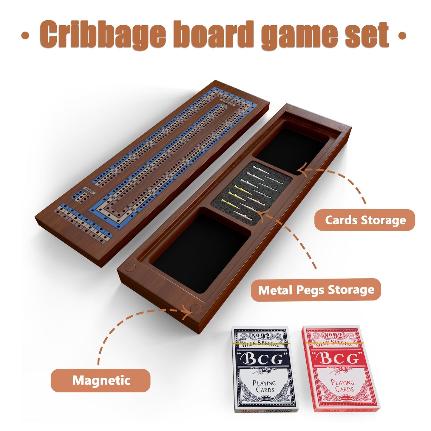 Hdsahdok Wooden Cribbage Board Game Set  Double-Sided 3 and 4 Track Cribbage Board  with Magnetic Lock / 12Pcs Metal Pegs / 2 Playing Cards/Larger Storage Area  Family Game Sets for mature-themed