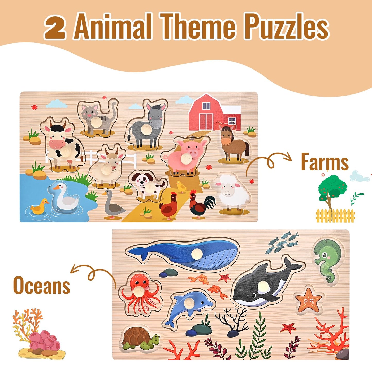Wooderma Wooden Peg Puzzles For Toddlers 1 2 3 Years Old, 2 Pack Montessori Educational Learning Puzzles Set, Toddler Puzzles To