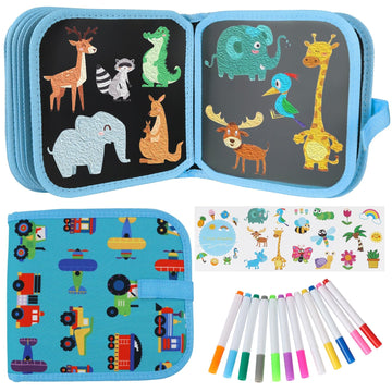 Erasable Doodle Set for Kids - Magic Drawing Book With 12 Watercolor Pens, 14 Page Reusable Book, Road Trip Car Game Writing Pai