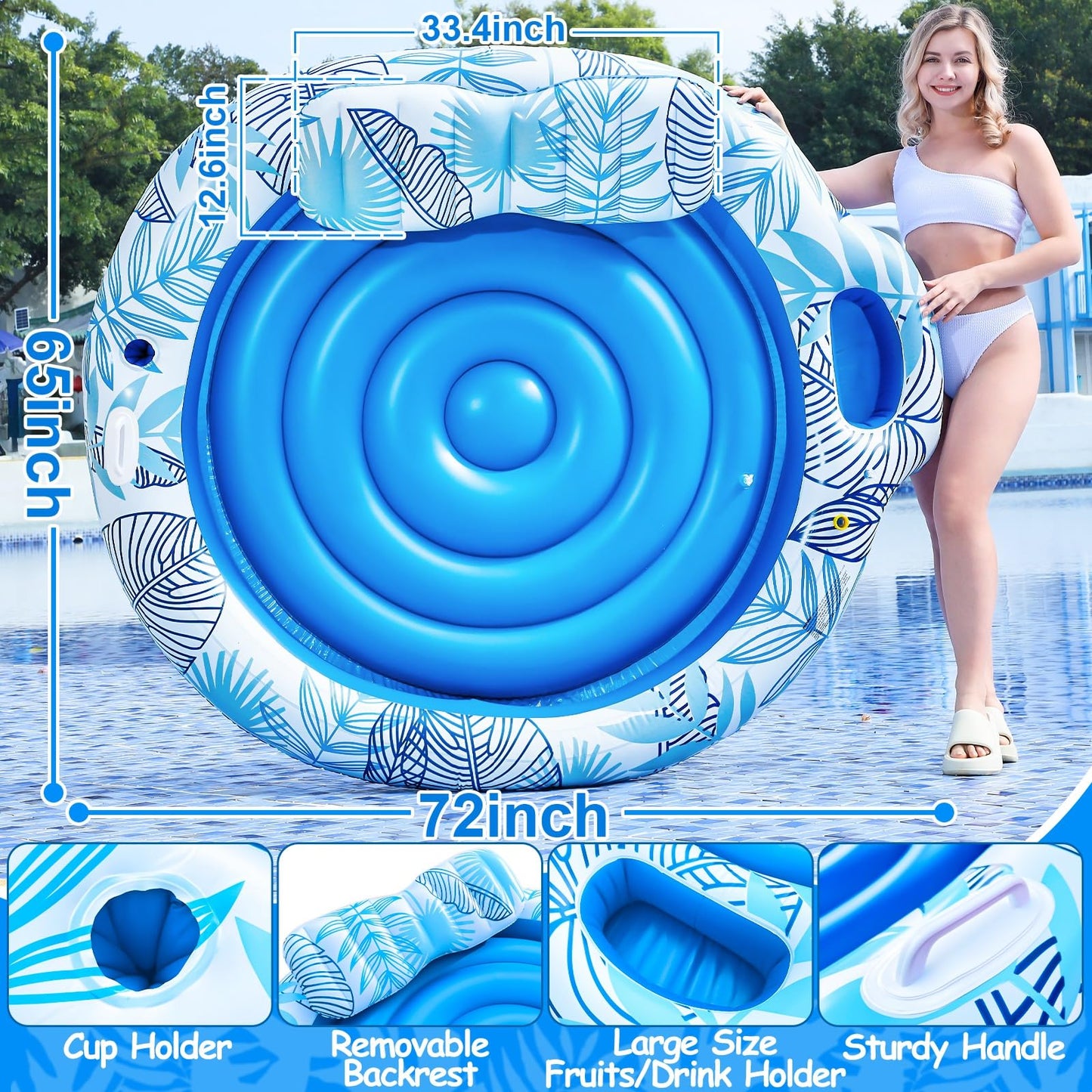 TURNMEON Inflatable Tanning Pool Lounger Float, 72" x 47", Plastic, Blue/Pink, with Backrest & Drink Holder for Adults