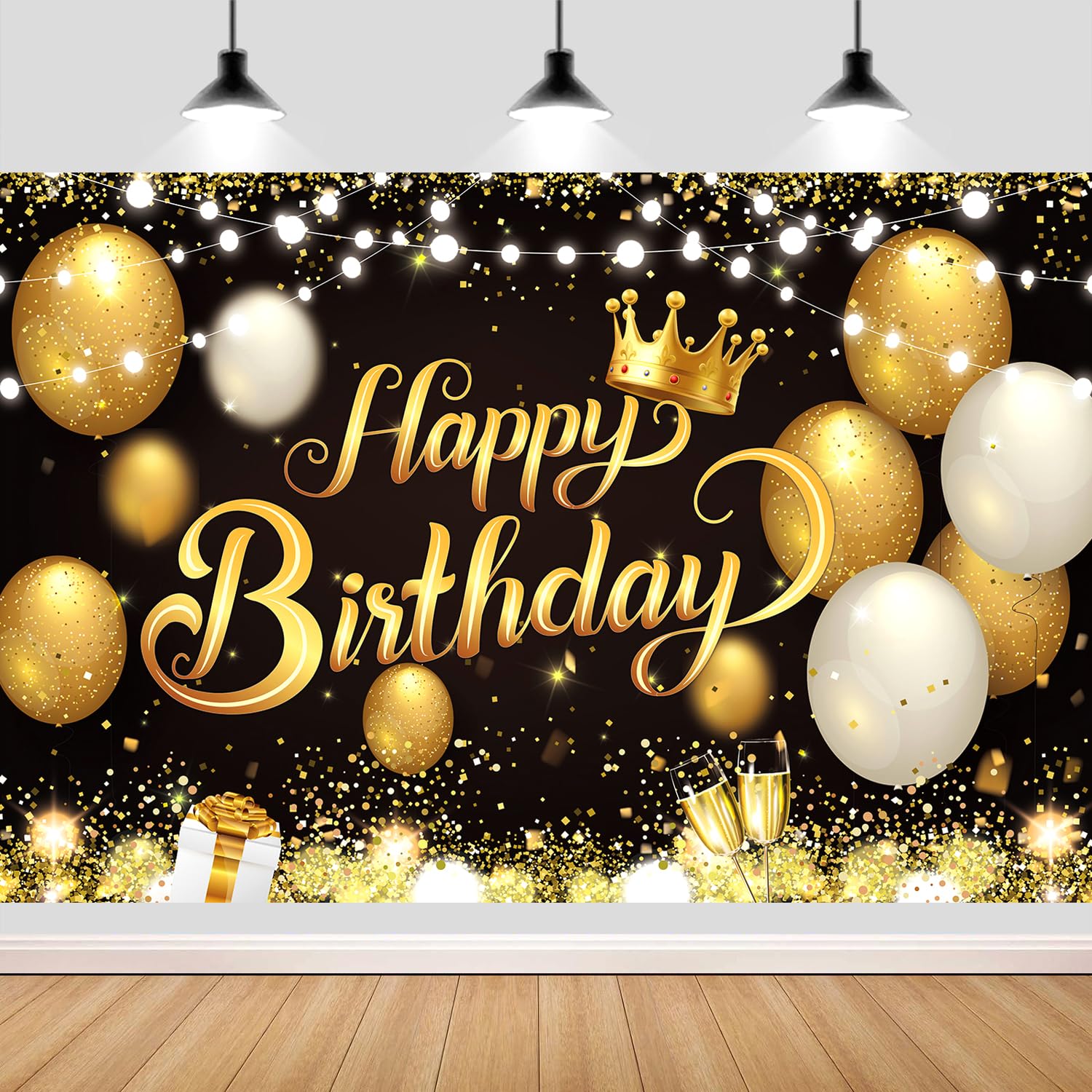 YinQin 180x120 cm Black Gold Happy Birthday Party Backdrops Cloth 71x47 in. Glitter Black Gold Happy Birthday Photography Backgr