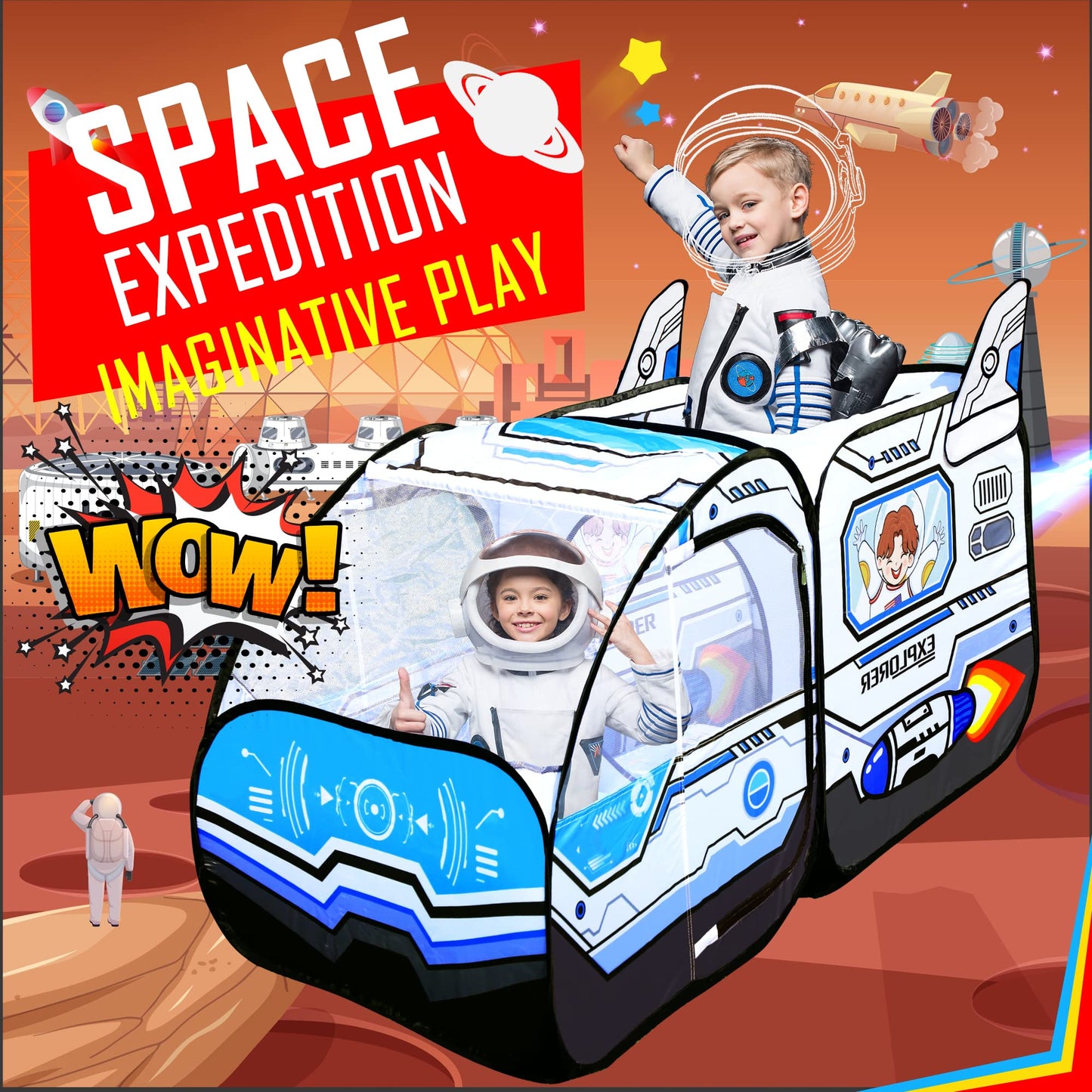Kids Pop Up Play Tent - Spaceship Indoor Outdoor Rocket Ship Playhouse Tent Games Party Children Foldable Tent Birthday Toy For