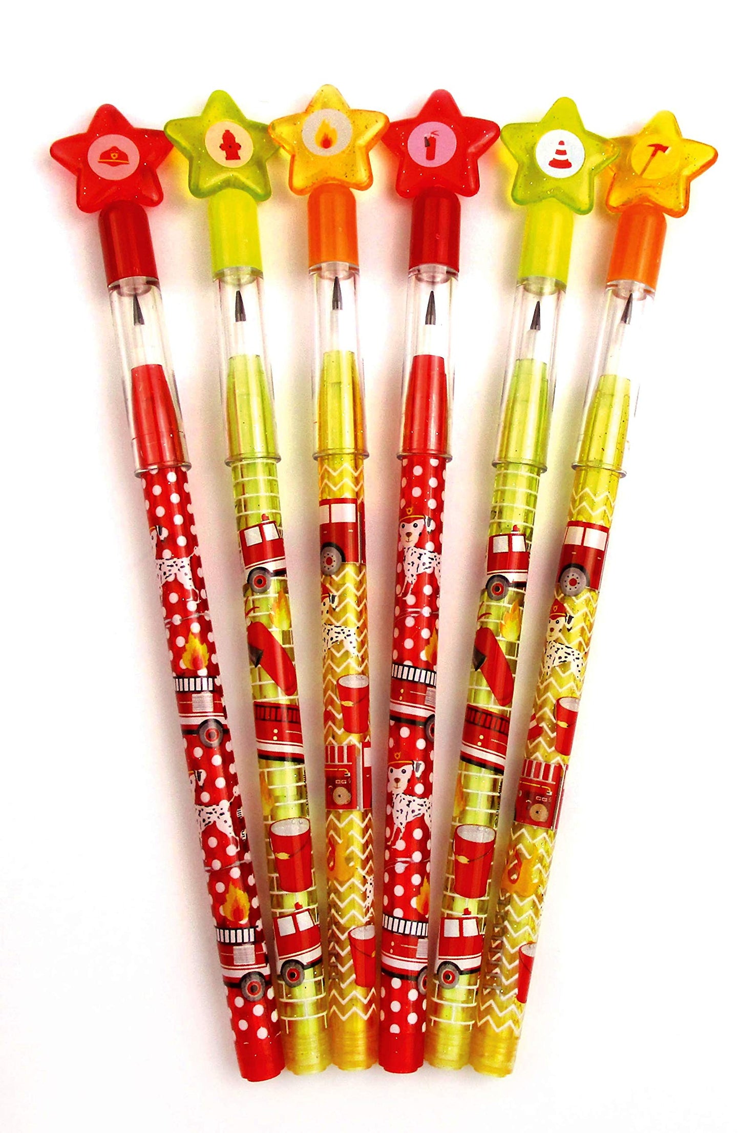 TINYMILLS 24 Pcs Fire Trucks Multi Point Stackable Pencilwith Eraser for Fire Truck Birthday Party Favor Prize Carnival Goodie B