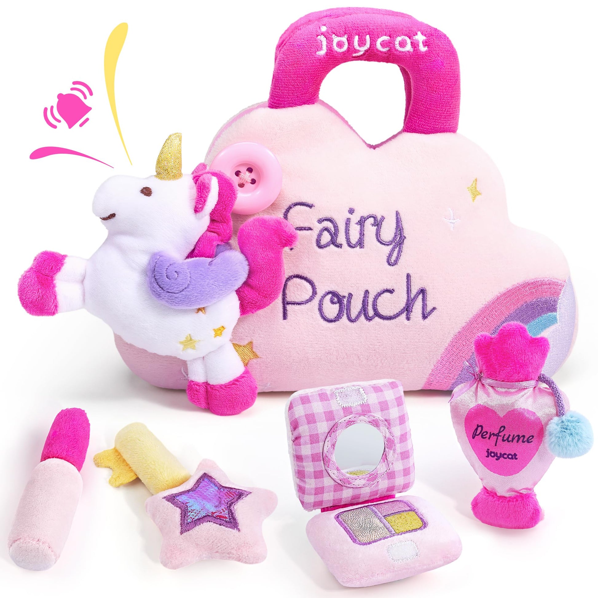 JoyCat Toys for Toddlers 1-3 Girls, My First Purse Baby Girl Unicorn Makeup Bag Set 5 PCS Plush Toy with Perfume, Lipstick, Pale