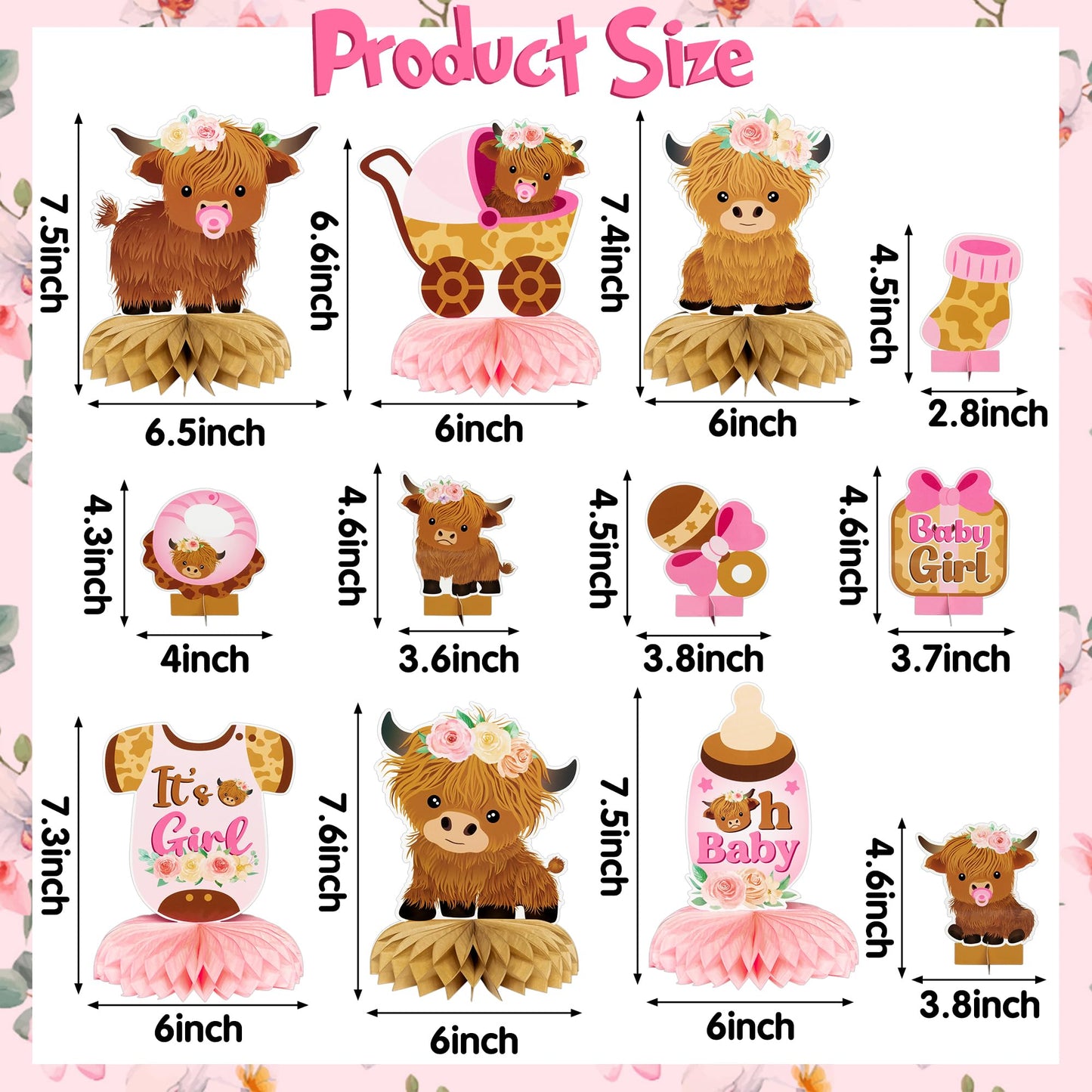 12Pcs Pink Highland Cow Honeycomb Centerpieces Floral Highland Cattle Baby Shower Party Table Decoration Its a Girl Gender Reve