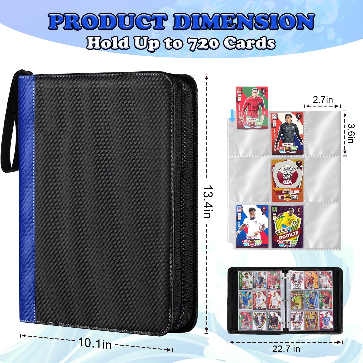 LIMSTDIC Card Binder for Pokemon Card  9 Pocket 40 Double-Sided Pages for 720 Card Pocket enhanced Zip PU Card Binder for Pokemon  Collectible For TCG MTG Baseball Football Trading Card Game(Blue)
