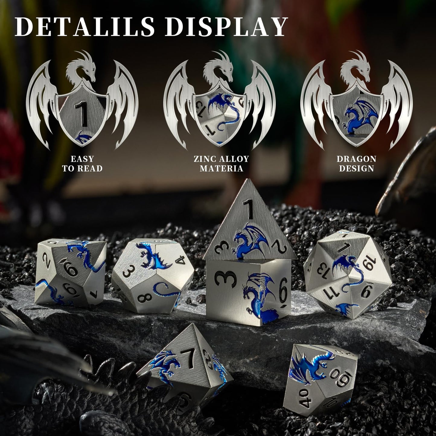 Metal Dnd Dice, Hnccesg Dragon Metallic D&D Dice Set 7 Pcs For Dungeons And Dragon Ttrpg Games, Polyhedral Rpg Dice Set With Gif
