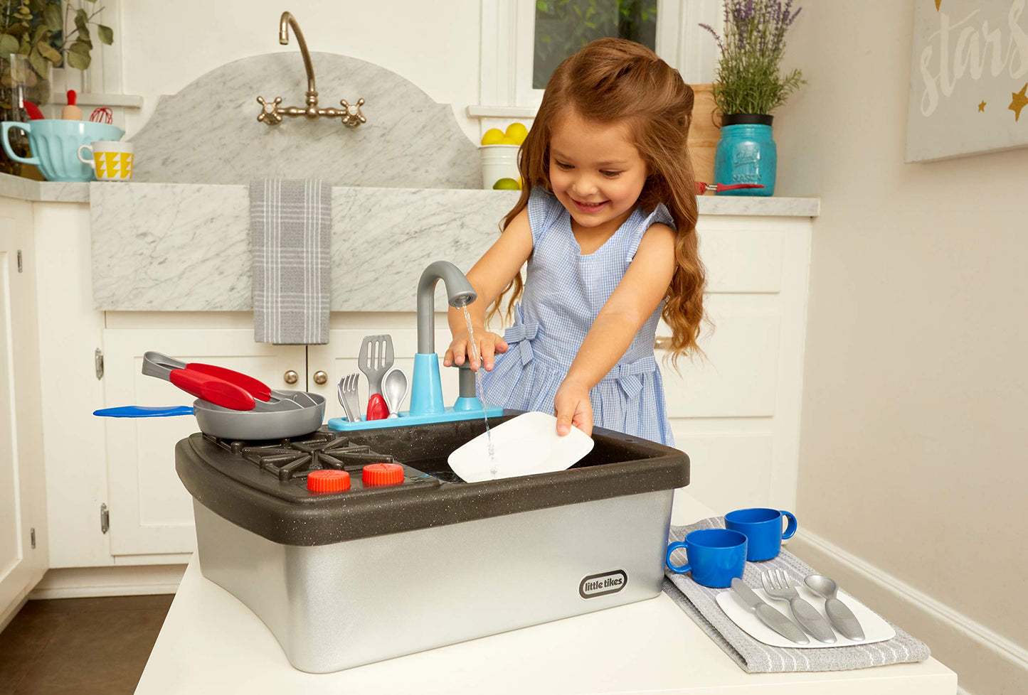 Little Tikes First Sink & Stove Realistic Pretend Play Kitchen Appliance for Kids, Includes 13 Cooking Accessories, Ages 3+ Mult