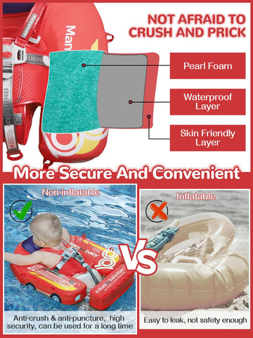 Mambobaby Baby Pool Float with Canopy  Kalolary Non-Inflatable Baby Swim Float Infant Swim Trainer Ring Toddler Pool Float with Adjustable Strap & Tile for 3-24 Months Age Boys Girls (Red Car)