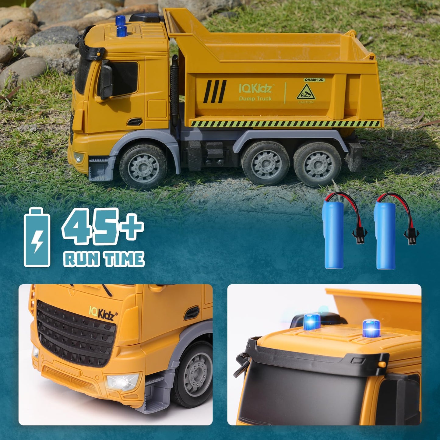 IQKidz Remote Control Dump Truck Toys - RC Construction Vehicles with Blue Warning Lights, Trucks Toy for Boys Girls 3 4 5-7 8 9