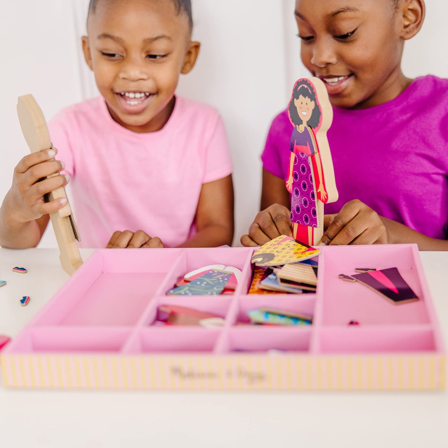 Melissa & Doug Abby & Emma Magnetic Wooden Dress-Up Dolls Play Set, 55+ Pcs, Kids Ages 3+, Wood
