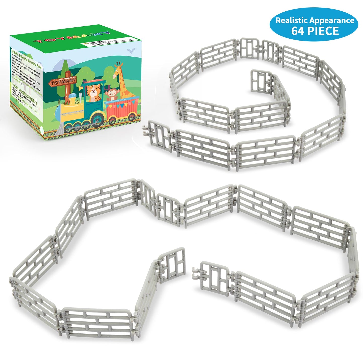 Toymany 64PCS Mini Plastic Fence for Farm Animals - Medium Silver Horse Corral for Kids and Toddlers