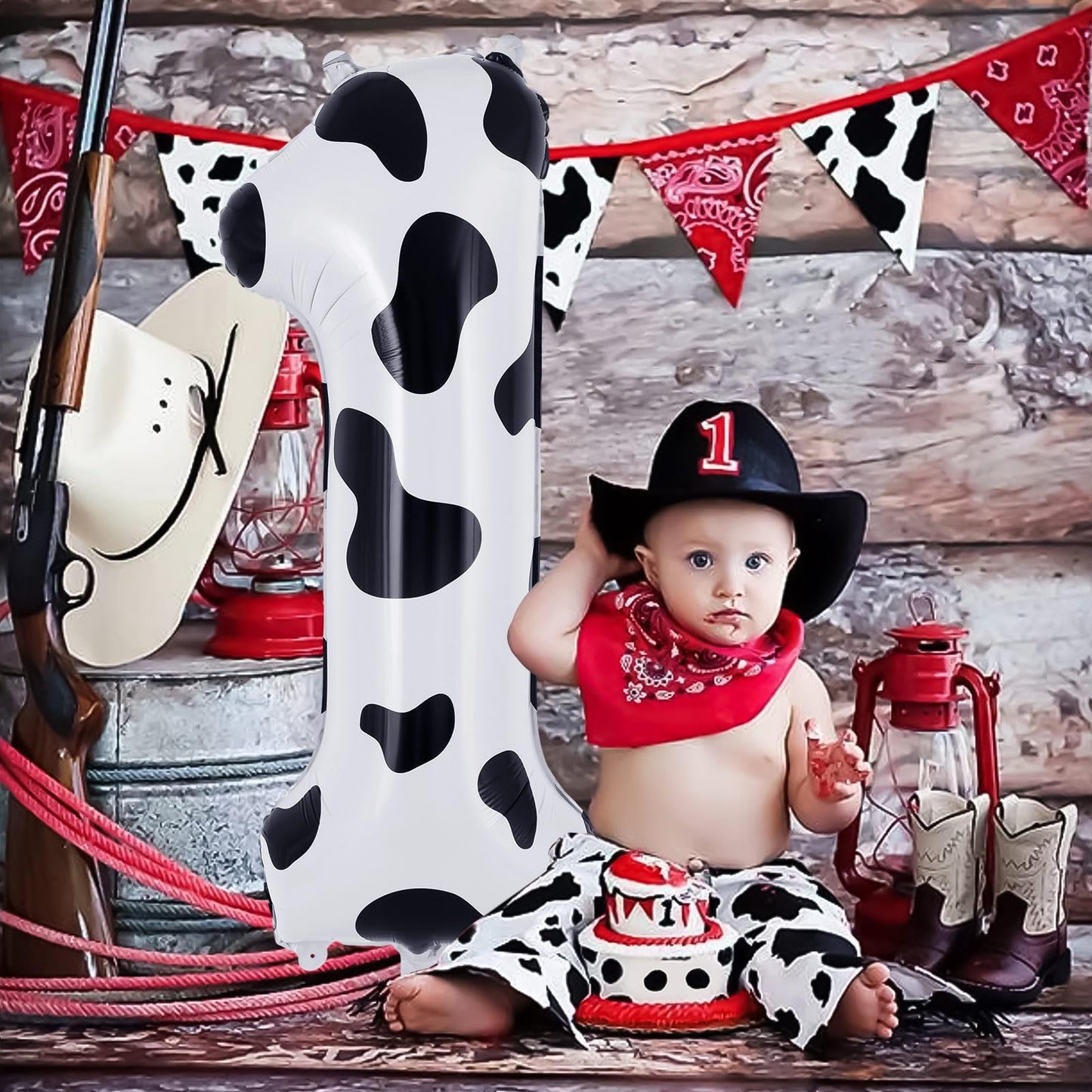 AIQINHU Cow Print Number 1 Balloon - Large 40 Inch Foil Mylar for 1st Birthday Party Decorations, Animal Farm Cowboy Theme