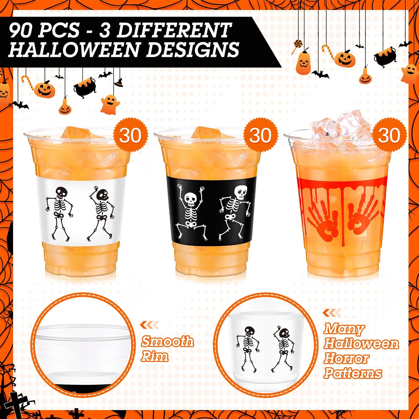 Sliner Halloween Party Plastic Cups 12 oz Halloween Disposable Cups Blood Splattered Skeleton Printed Design Halloween Cups for