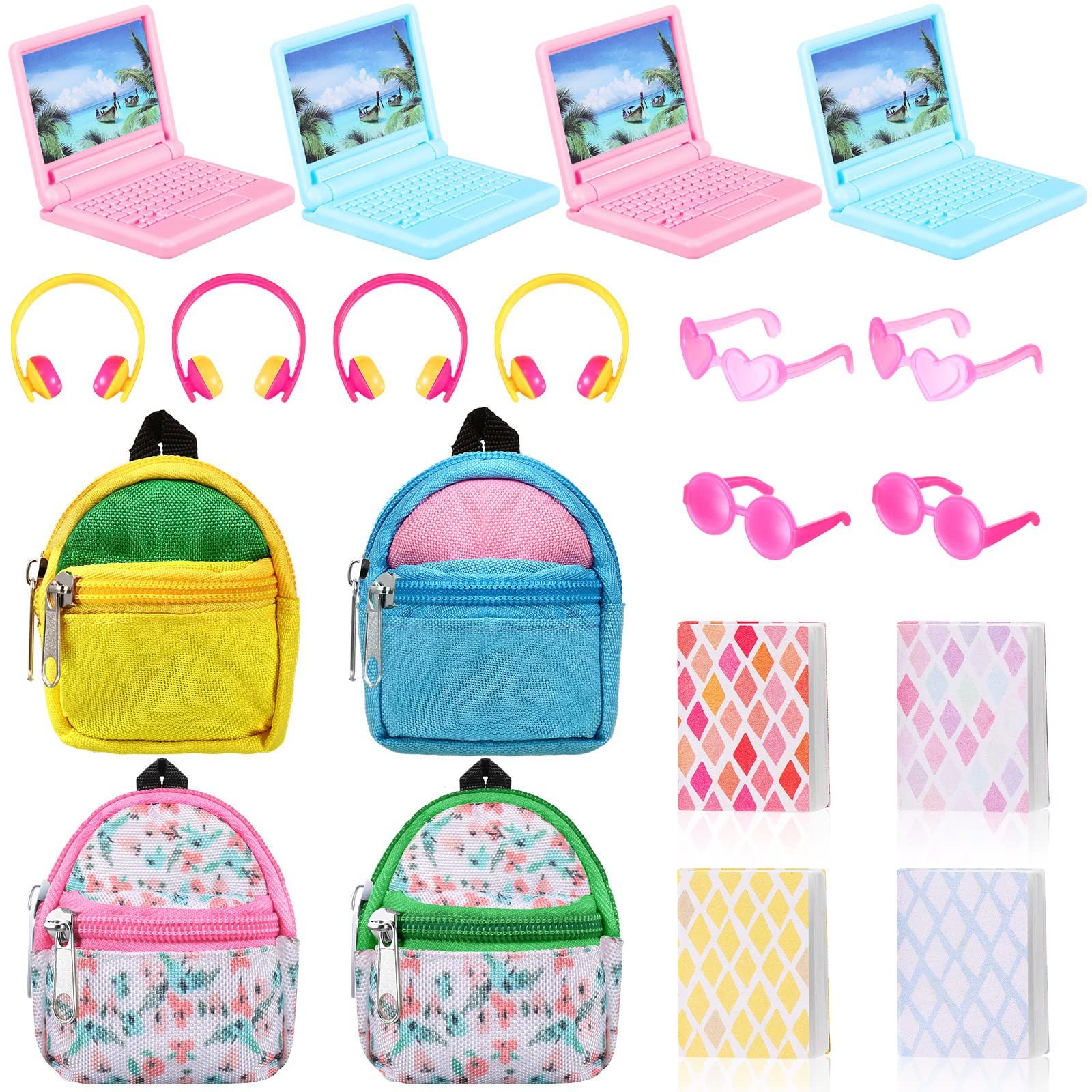 20 Pieces Doll Backpack Set Dollhouse School Accessories Doll Travel Supplies Include Mini Laptop Scene Simulation Backpack Bag 