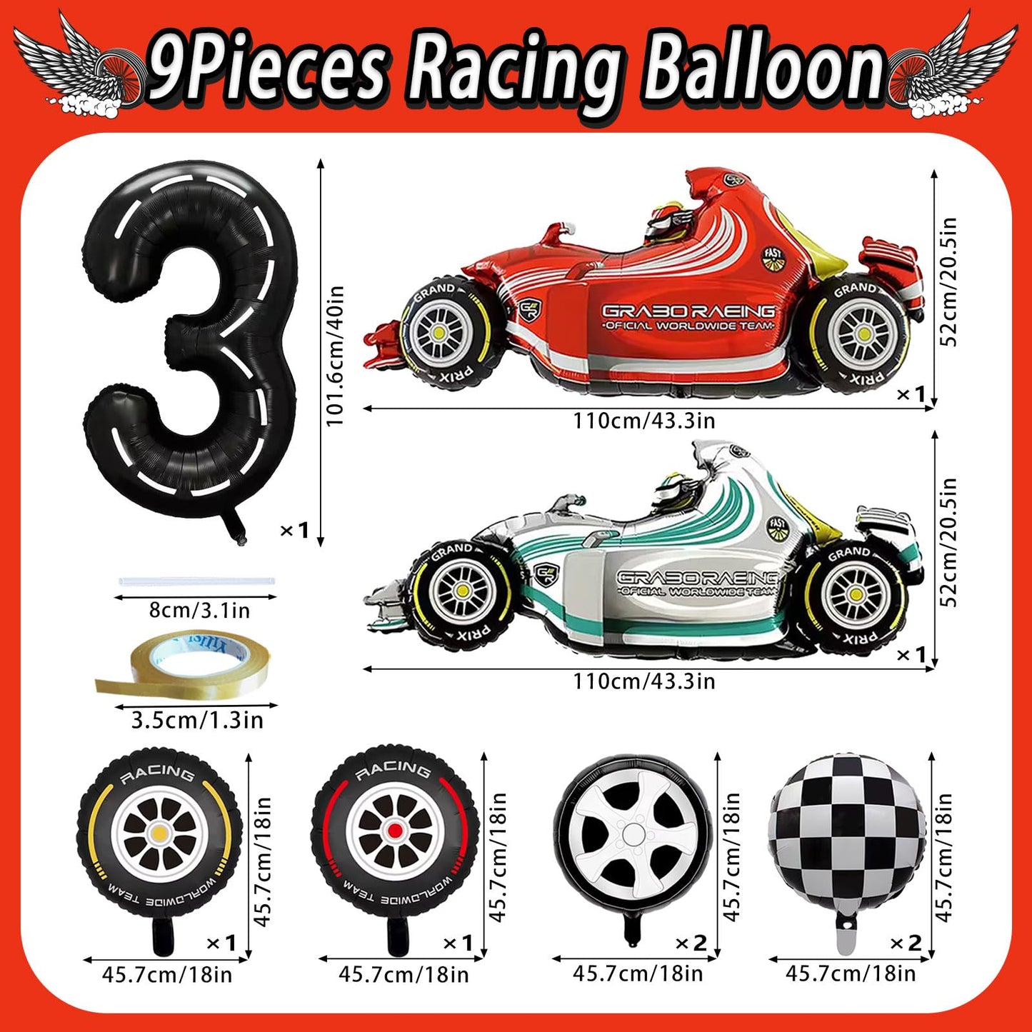 Number 3 Race Car Balloons, 43 Inch Race Car Party Decorations, Wheel Tire Balloons, Black And White Checkered Foil Balloons, Ca