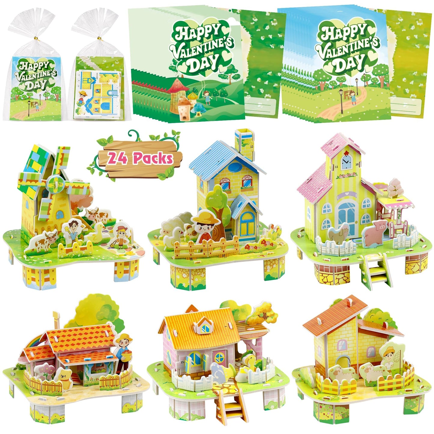 Dbpbtou 24 Packs Valentines Day Gifts For Kids, Valentines Cards For Kids Classroom 3D Puzzles Eps Foam Board Model Building Kit