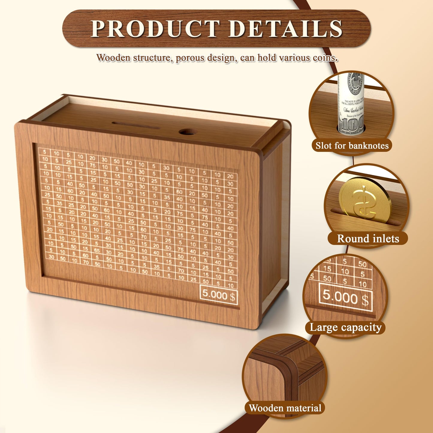 5000 Savings Challenge Box Cash Vault Wooden Coin Bank Money Saving Box With Target And Numbers - Piggy Bank For Kids Adults 5K