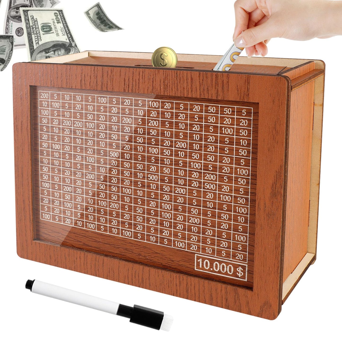 Cash Vault Wooden Savings Box 10000,Wooden Money Box Money Bank,Money Saving Box,Wooden Savings Box With Money Target & Numbers,