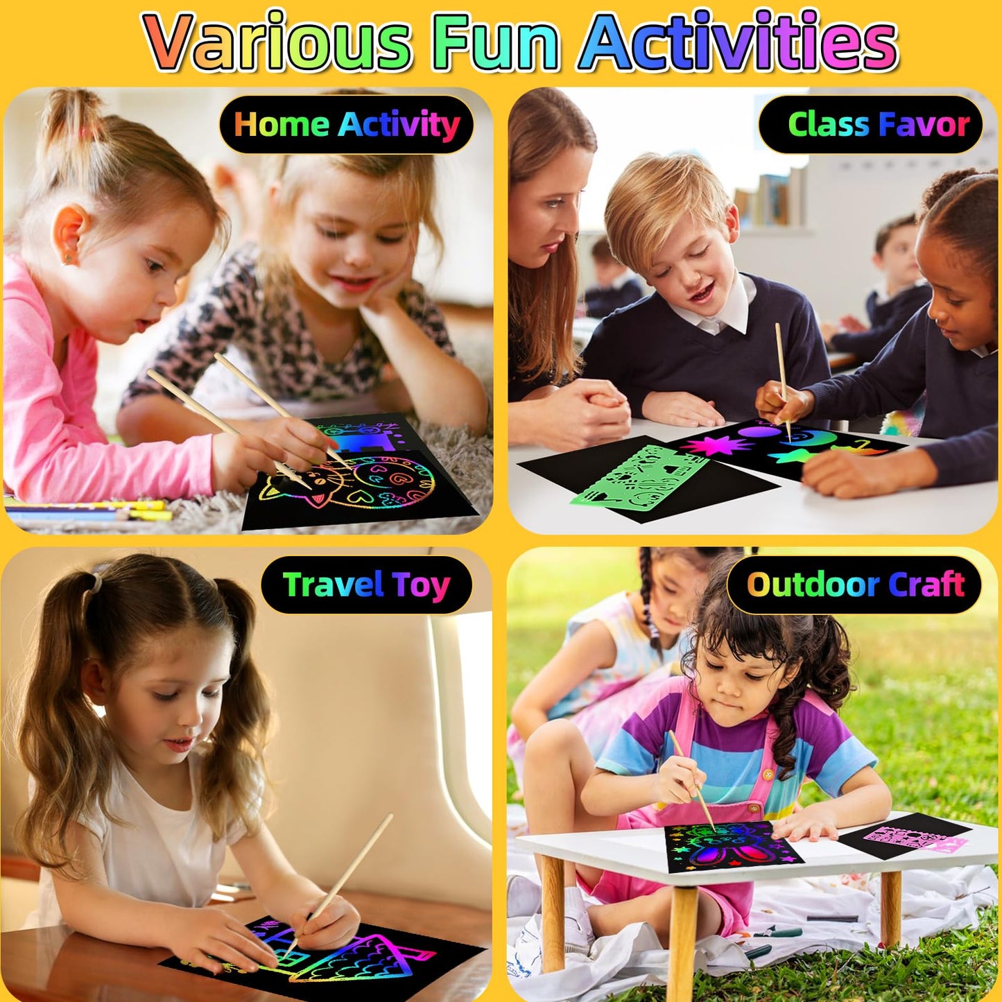 GLCSC 60 Pcs Scratch Art for Kids, Rainbow Scratch Paper, Black Magic Scratch Off Craft Set for 3 4 5 6 7 8 9 10 Years Old Girls
