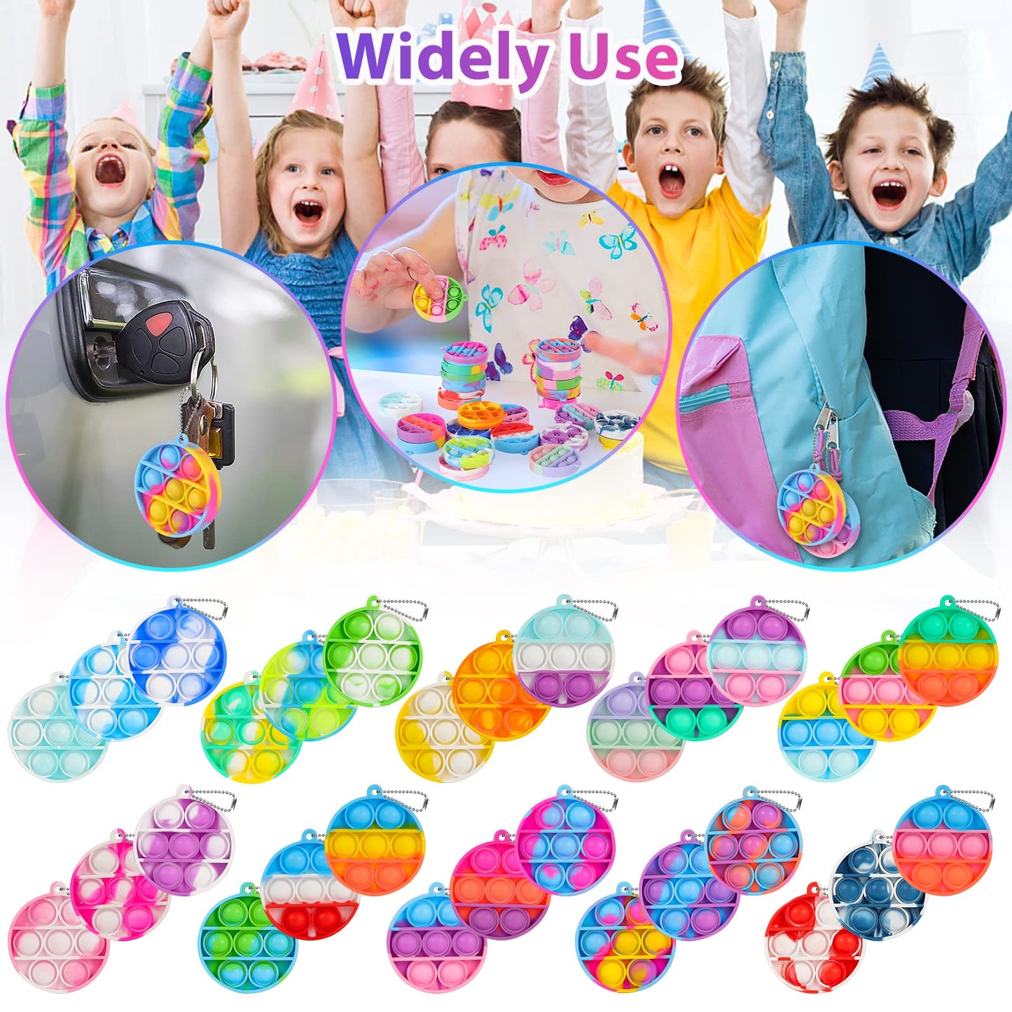Genuvi Mini Pop Fidget Toy Pack - 30 PCS Silicone Sensory Keychains for Kids - Ideal Party Favors & Classroom Prizes - Multiple Colors