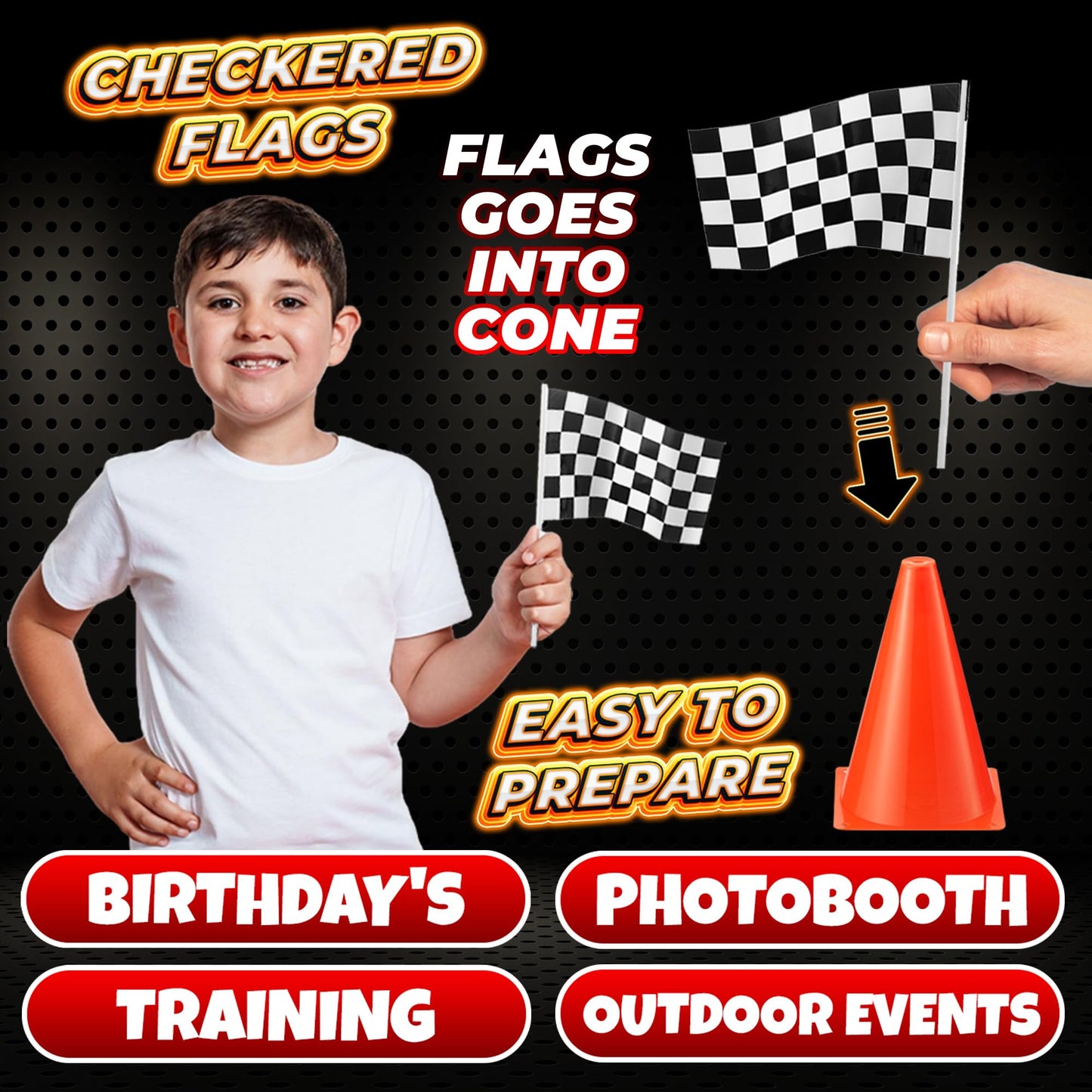 Bedwina Race Car Birthday Party Decorations - (36 Pcs) 12 - 8-Inch Orange Mini Cones for Kids & 24 Black & White Checkered Flags