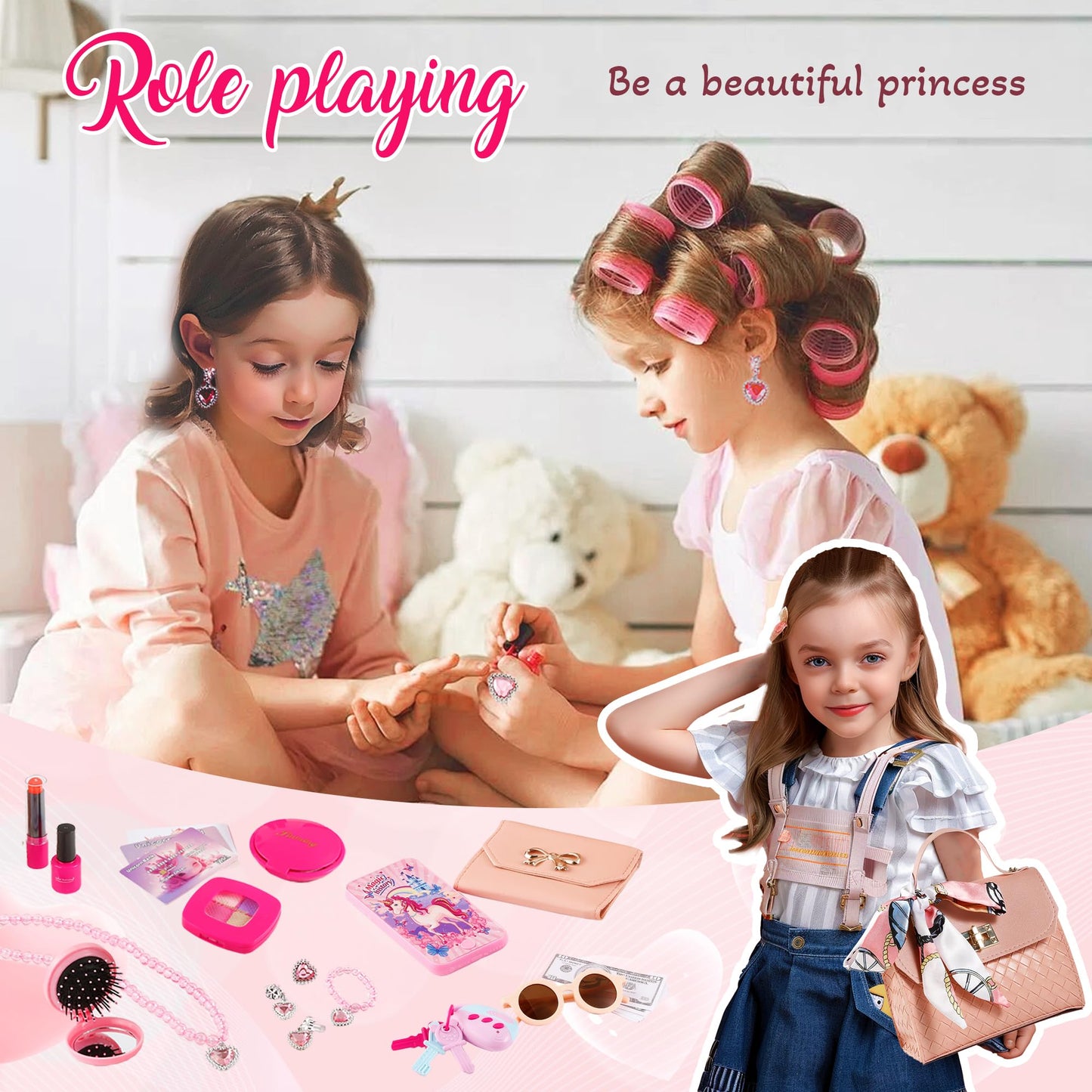 MILEILUOYUE 36Pcs Girl Wallet & Cosmetics Set, Child-Size Handbag & Mobile Phone, ABS Material, Ideal Birthday Gift for Girls 3-8 Years Old