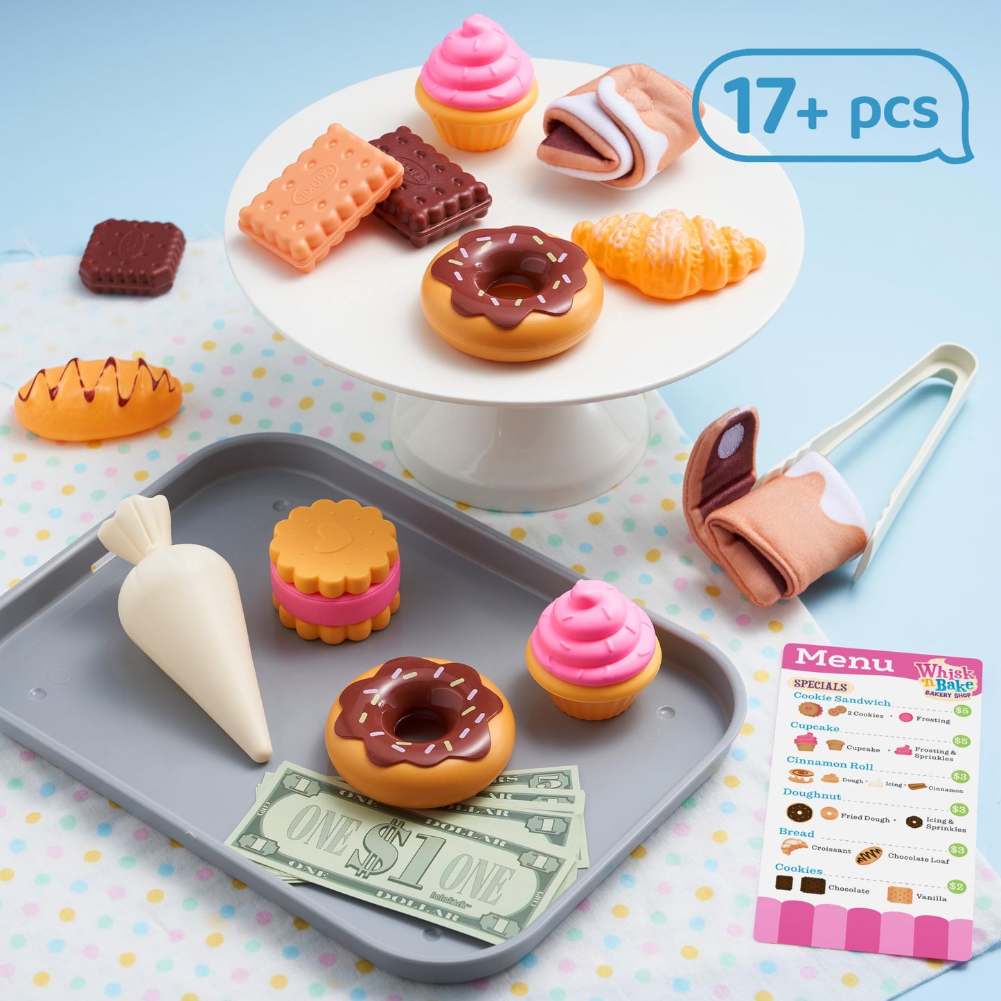 Cookie Play Food Set, Toddler Pretend Play Toys, 17 PCS Kitchen Toy Food Sets with Plastic Cookies, Baking Menu, Bakery Tray, an