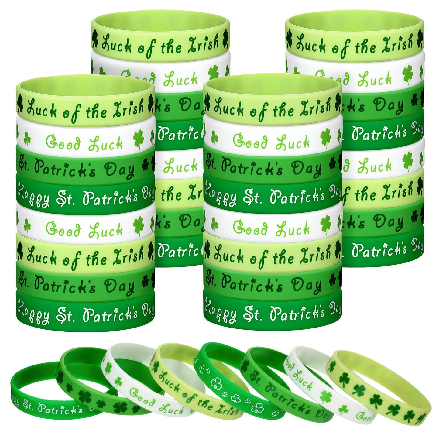 Wettarn 48 Pieces St Patricks Day Rubber Wristbands St Patricks Day Accessories Shamrock Bracelets Green Shamrock Irish Bracel