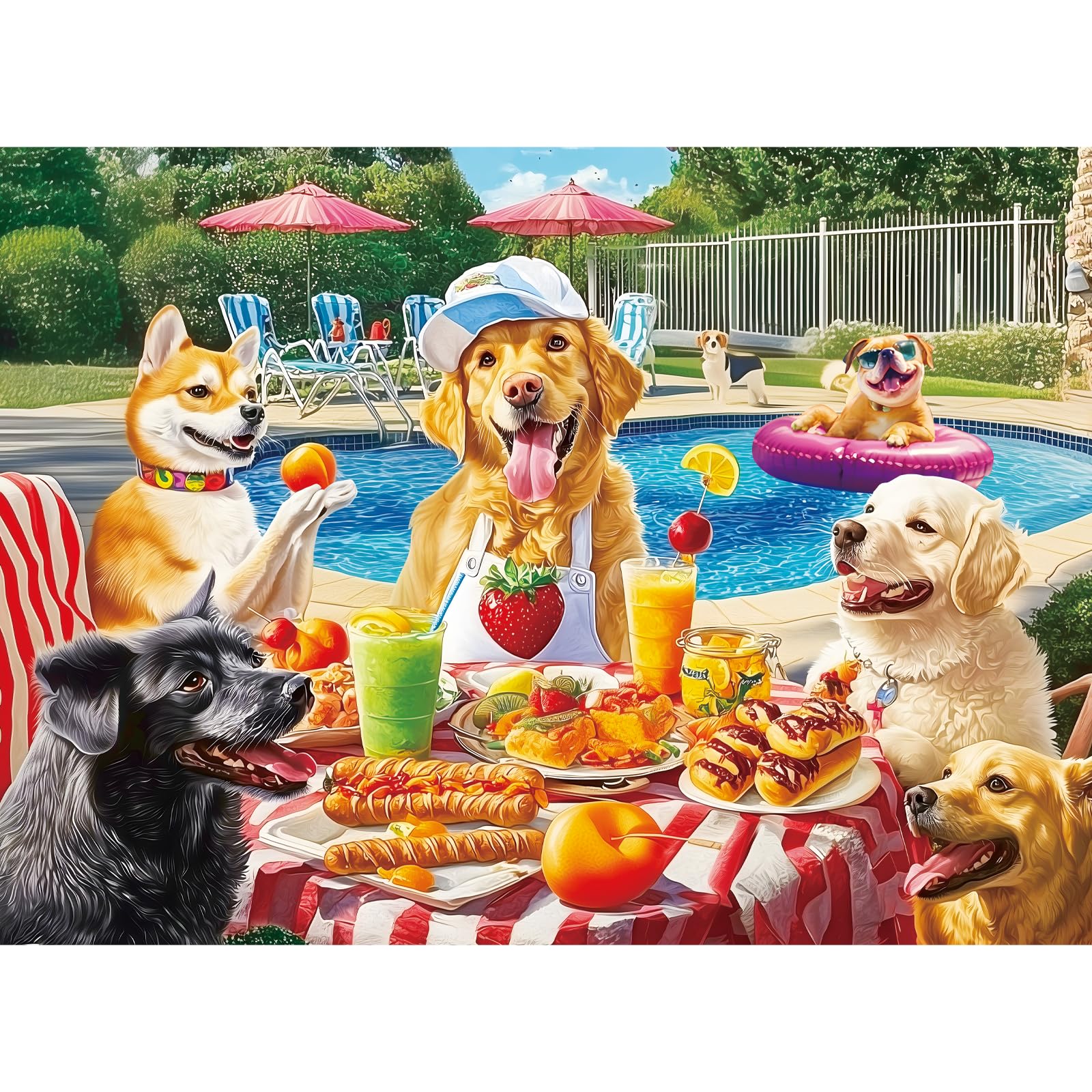 300 Pieces Puzzles for mature-themeds Summer Dog Pool Party & Food Puzzle Large Puzzles Pieces for Seniors Fun Puppy Jigsaw Puzzles for Kids Ages 8-10 Challenging Family Games Holiday Party Gifts 20.5 x 15 In