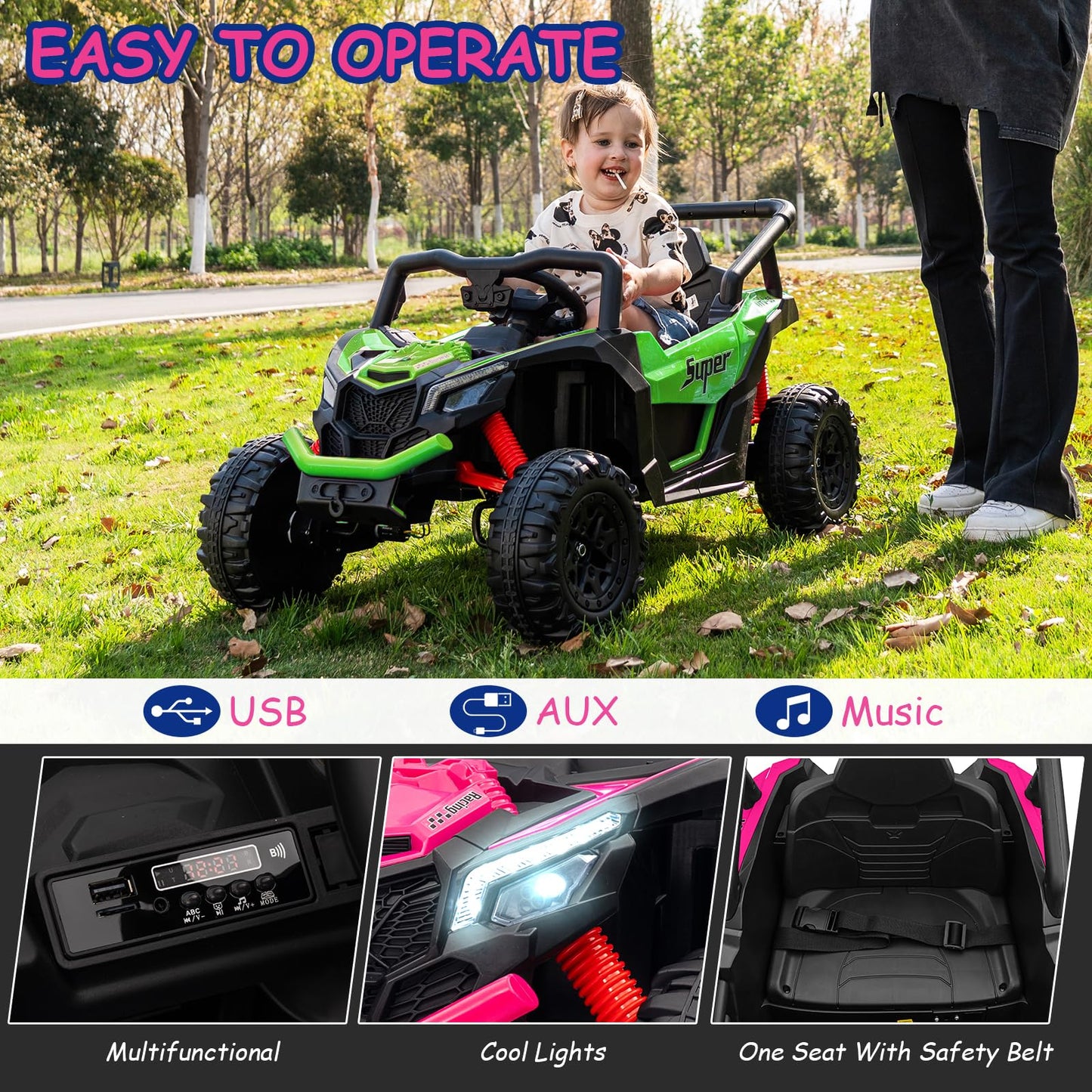 Run Fast 12v Ride on Car with Parent Remote Control Electric Ride on UTV Toys Car for Kids 3-5 2WD 25W Motors 4 Spring Suspension Safety Belt Horn Music and LED Lights (Green  12V)