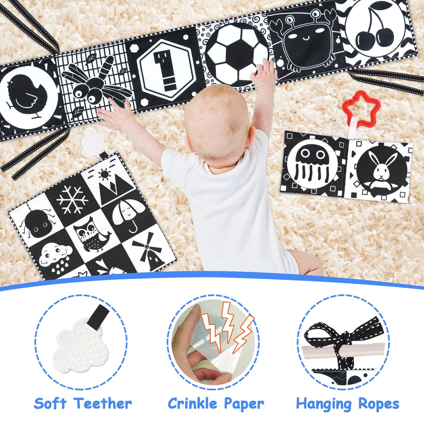 Kuango Newborn Toys Black And White Baby Toys 0-3 Months High Contrast Baby Toys For Newborn - High Contrast Baby Soft Book Infant Tummy Time Toys Crinkle Sensory Toys For Brain Development