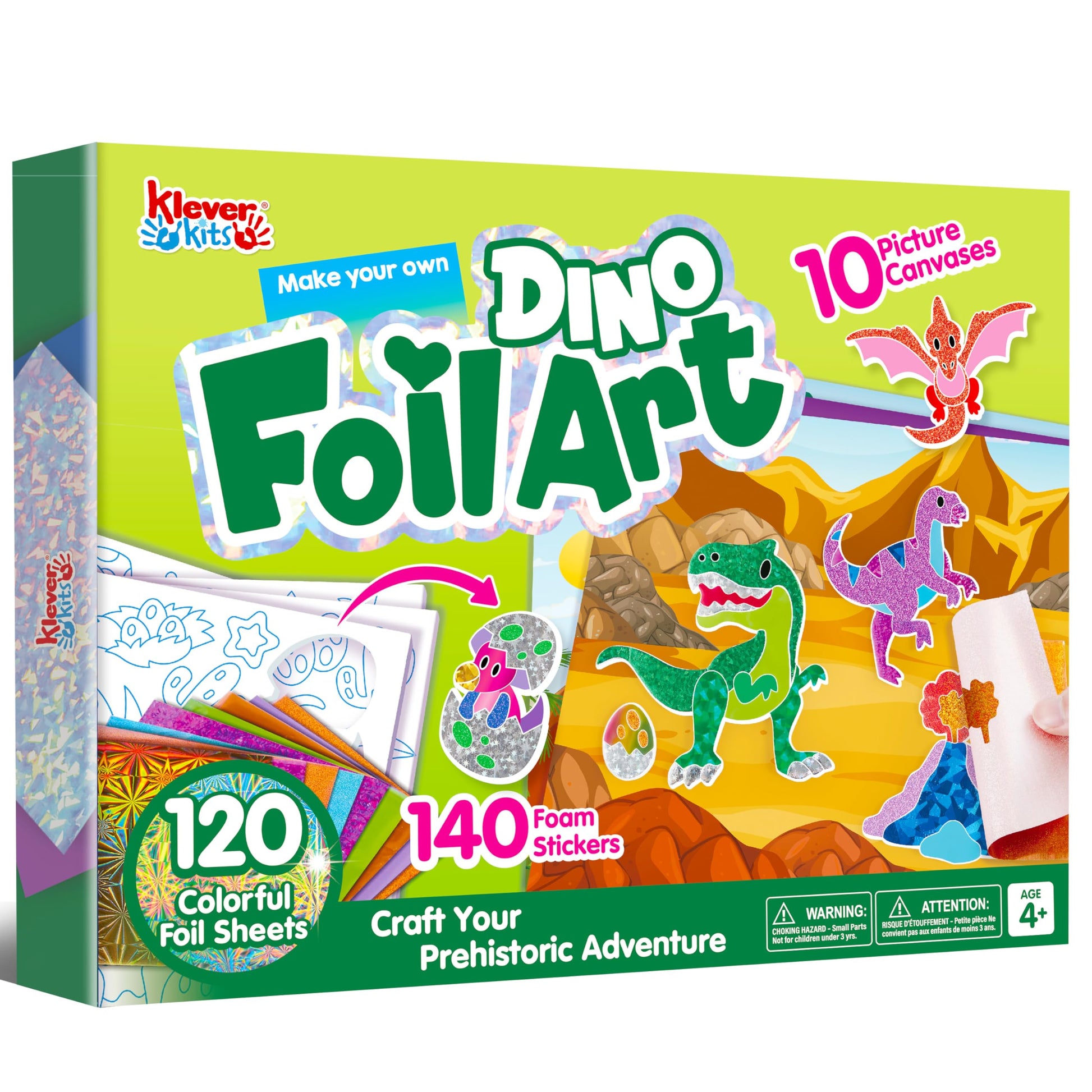 Klever Kits Foil Art Kit for Kids - Arts & Crafts Supplies, Mess Free Coloring, Dinosaur Foil Foam Stickers, Creative Travel Toy
