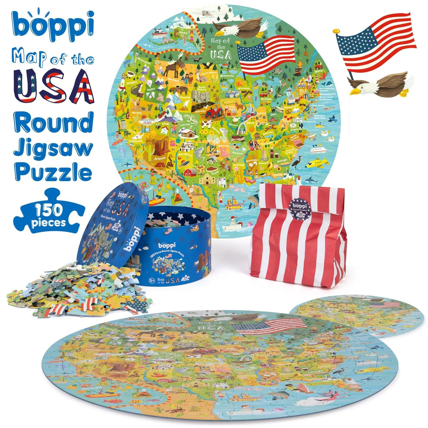 boppi USA State Map Jigsaw Puzzle - 150 Pieces, 100% Recycled Card, Educational Fun for Kids Ages 5+, Colorful USA Map Design