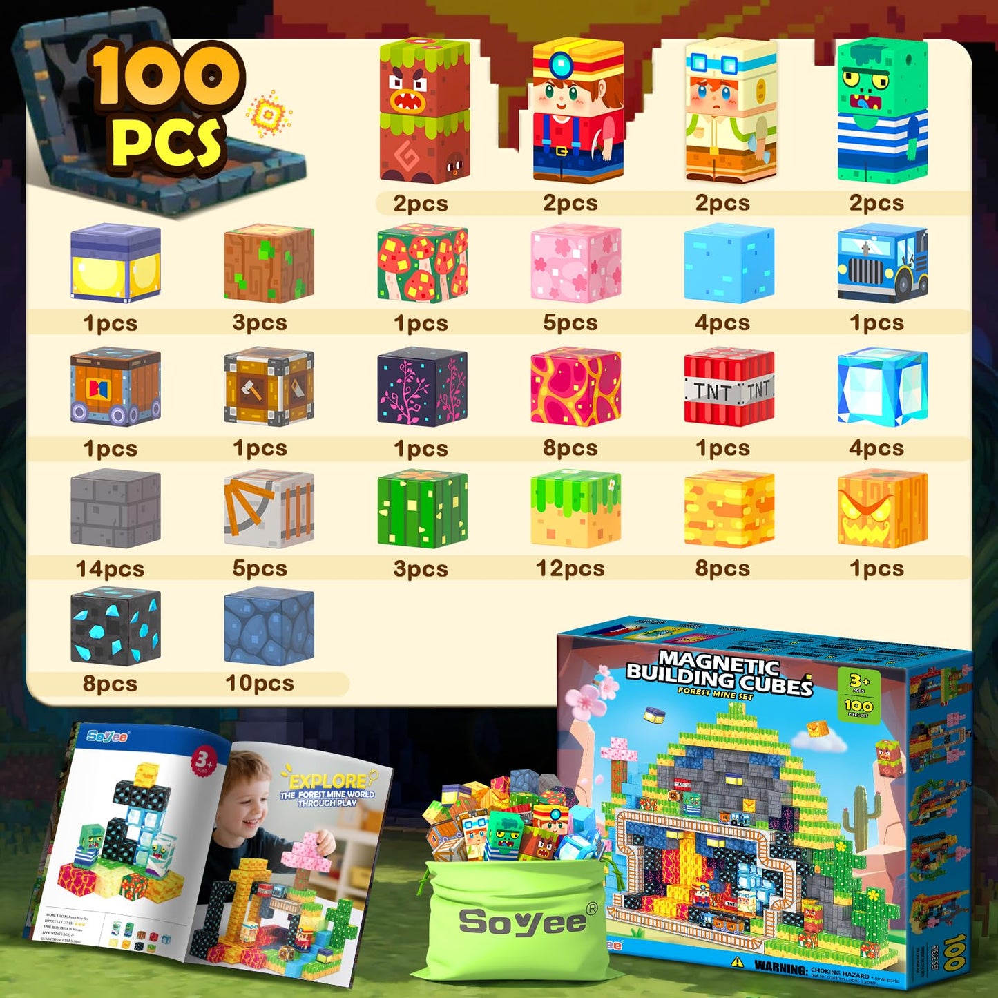 Soyee Magnetic Blocks 100 PCS Building Toys for Ages 4-8 9-12 3-5 Forest & Mine Theme Magnet Building Cubes STEM Sensory Toys fo