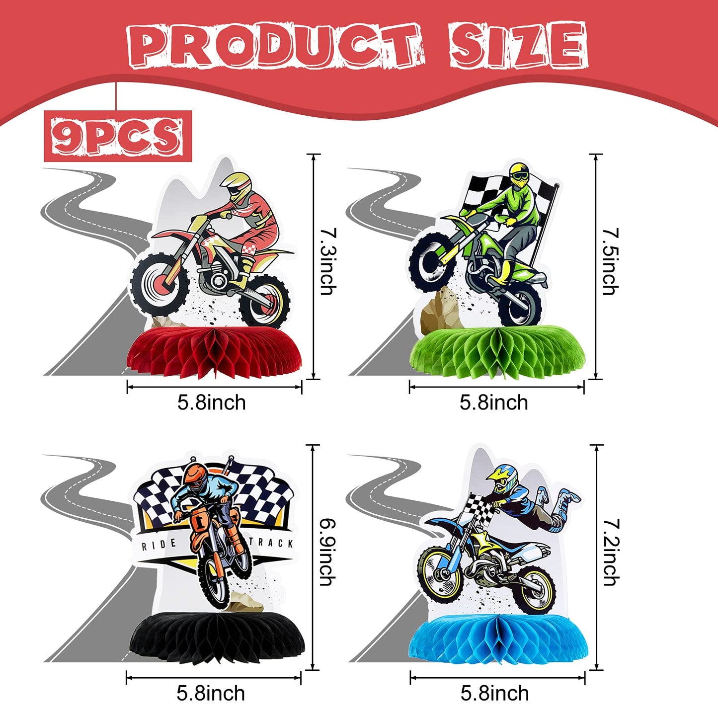9 Piece Cross Country Motorcycle Honeycomb Centerpiece Table Decoration Racing Theme Children Boy Birthday Party Supplies Photo Booth Props (Bright Silhouette)