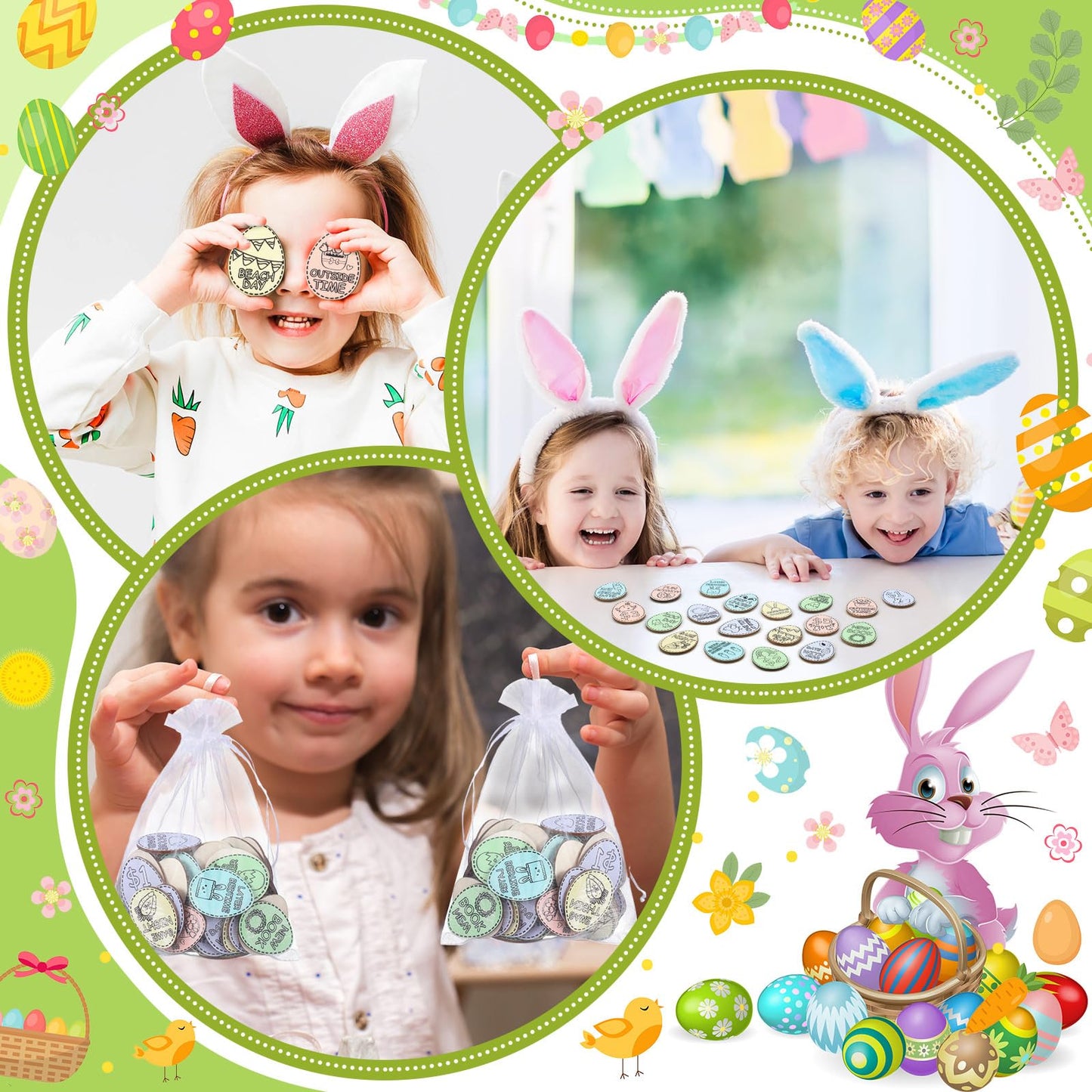 124 Pcs Easter Egg Tokens Set Includes 120 Pcs Wood Easter Reward Tokens with 20 Different Engraved Sayings 4 Pcs Organza Bags E