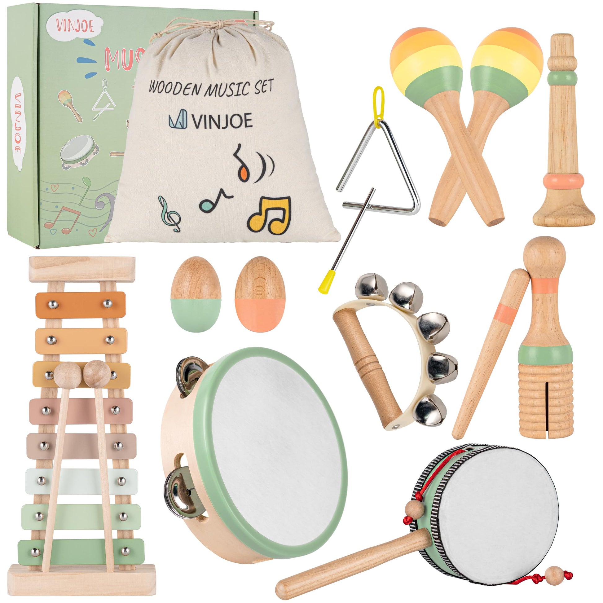 Vinjoe Baby Musical Instruments-Toddler Montessori Wooden Musical Toys For Kids 1-3, Neutral Colors Percussion Instruments Set E