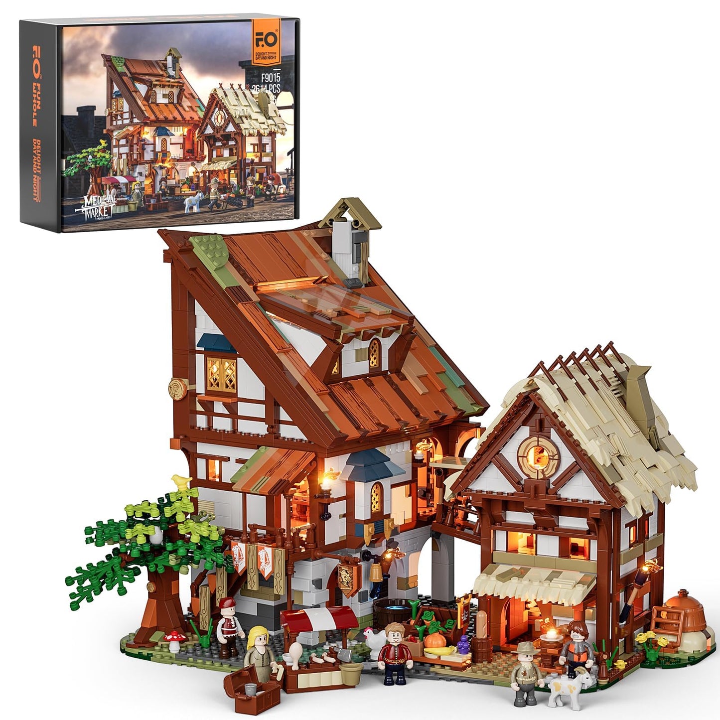 Funwhole Medieval-Market Lighting Building-Bricks Set - Medieval Town Led Light Construction Building Model Set 2614 Pcs For Adults And Teen