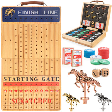 Bravmate Large 21 Inches Horse Race Board Game, Solid Wood Foldable Horse Racing Game With 11 Luxury Metal Horses, 2 Wooden Dice
