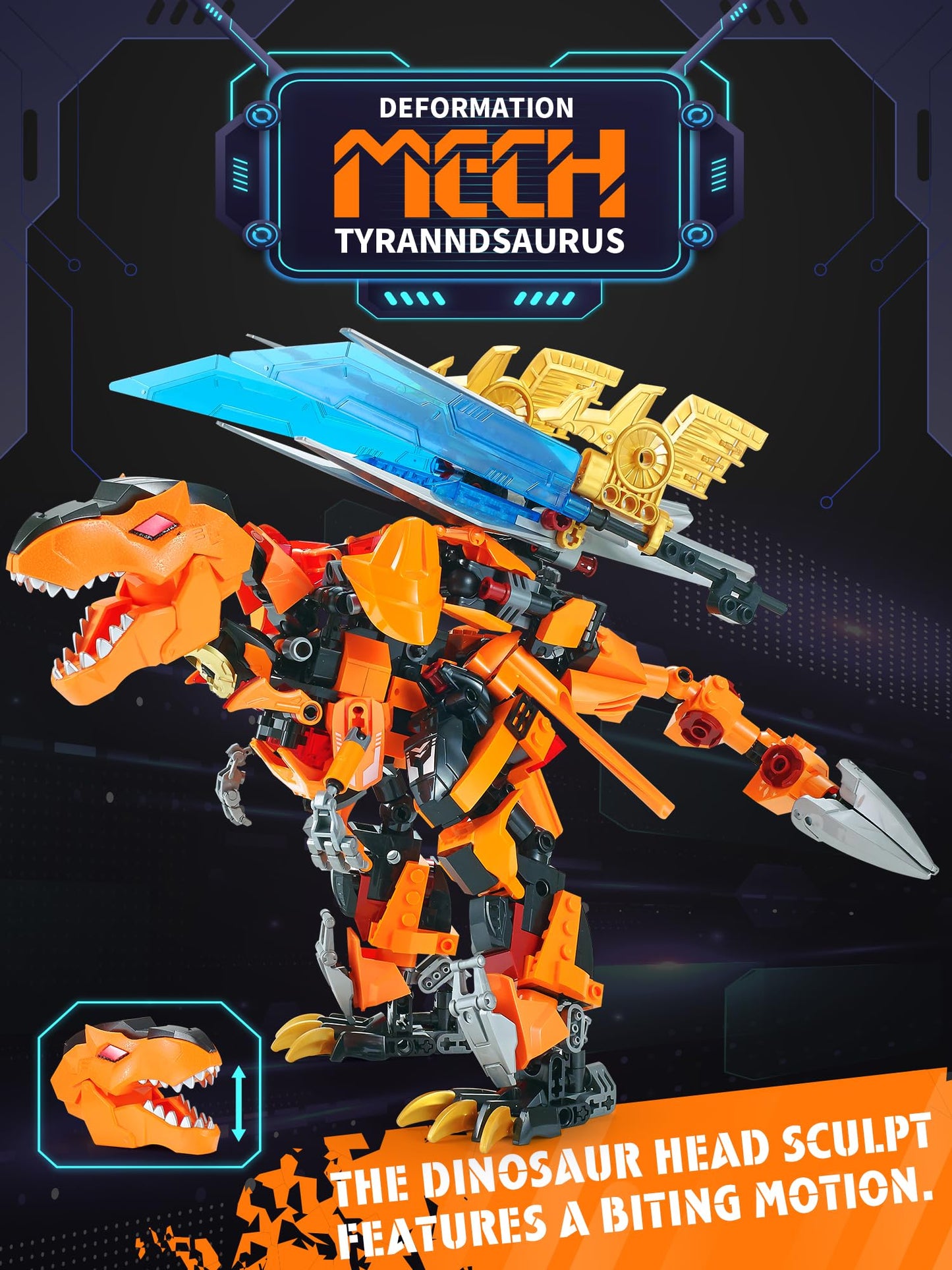 TIALLOW 2 in 1 Transforming Dinosaur Building Toy Set, Large Mecha Armor T-rex Model, Orange, F5-A0007, For Ages 8-14