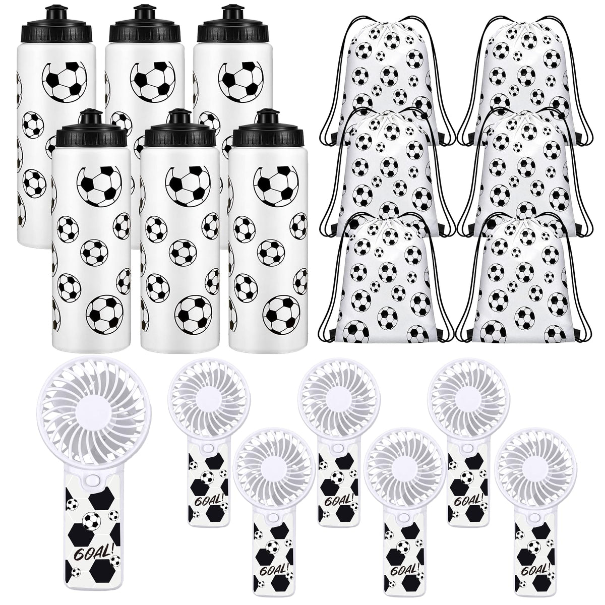 Gaiaring 6 Sets/ 18 Pcs Soccer Party Favor Soccer Water Bottles Bulk Includes 21oz Water Bottles, Drawstring Snack Bags & Mini F