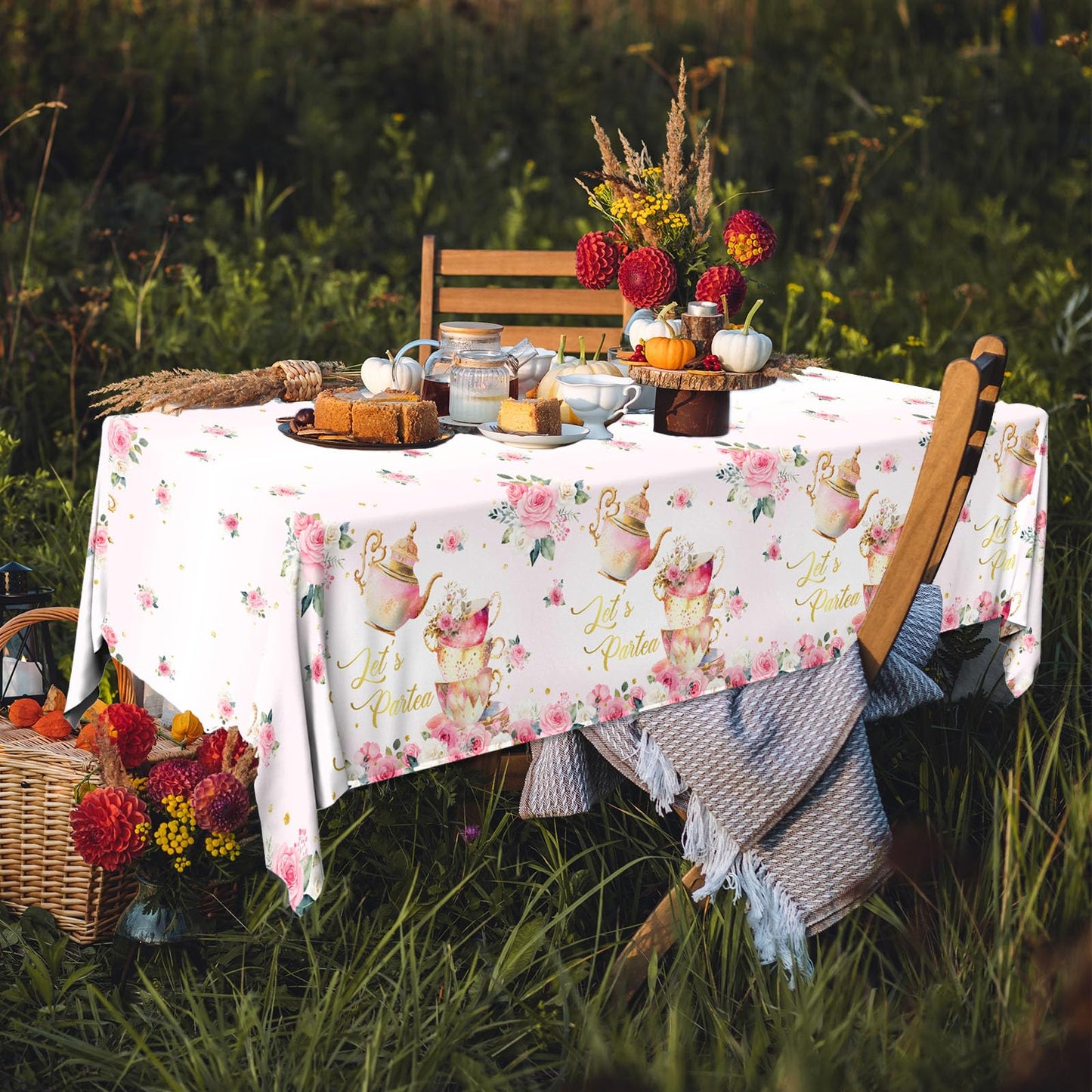 Dydamud Pink Floral Tea Party Tablecloth,Girls Tea Party Birthday Supplies 3Pcs Lets Partea Spring Disposable Table Cover For Pa