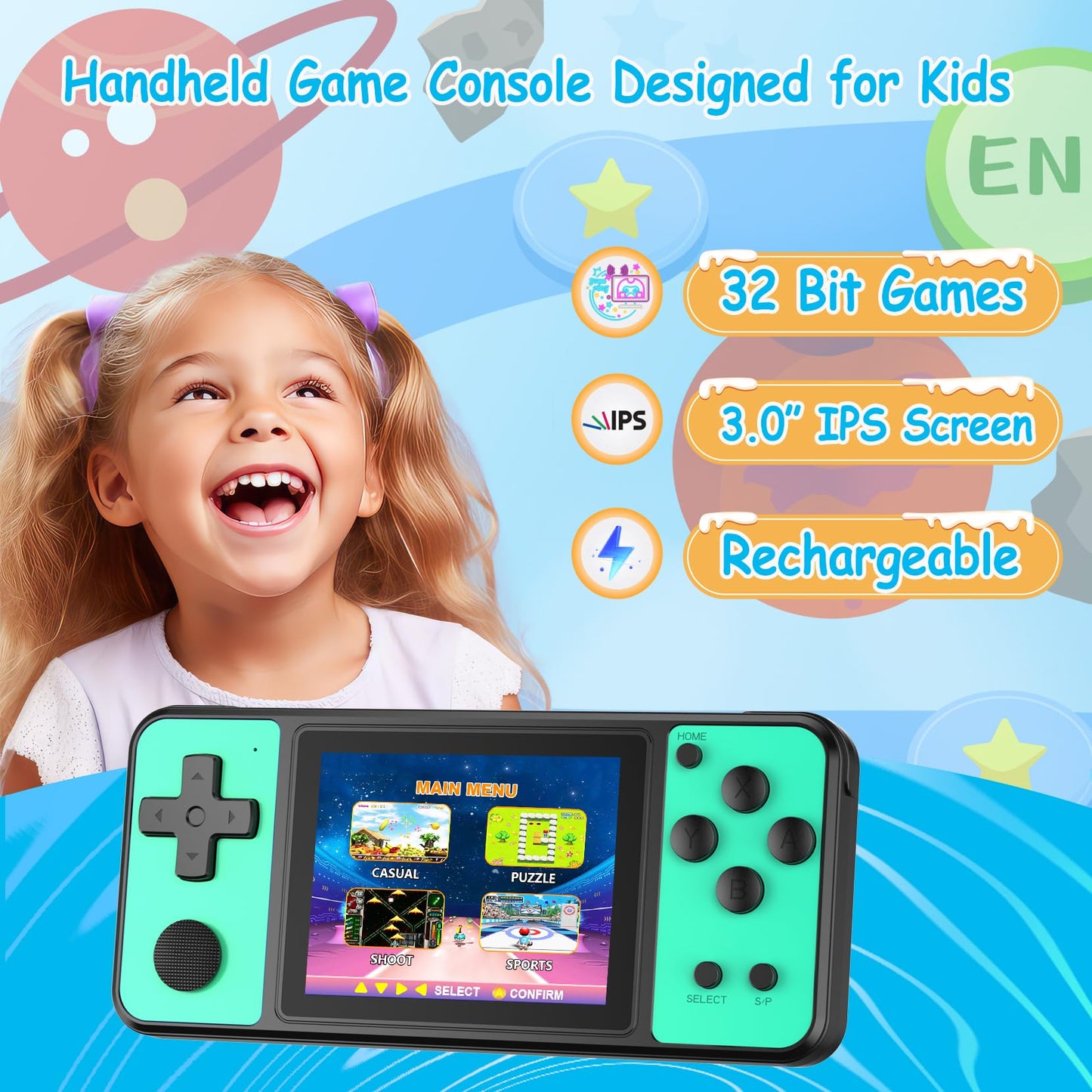 TEBIYOU 32 Bit Handheld Games for Kids Built-in 139 Video Games, 3.0'' IPS Screen Rechargeable Travel Toys for Ages 4-13, Mini E