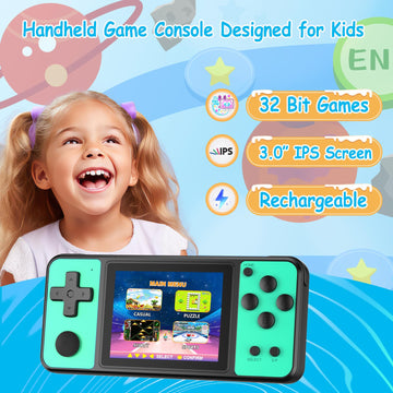 TEBIYOU 32 Bit Handheld Games for Kids Built-in 139 Video Games, 3.0'' IPS Screen Rechargeable Travel Toys for Ages 4-13, Mini E
