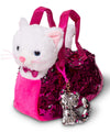 Stuffed Cat Plush Pet Carrier Set With Pink Purse W/ Reversible Sequins & Charm - Cat Stuffed Animals - White Cat Stuffed Animal