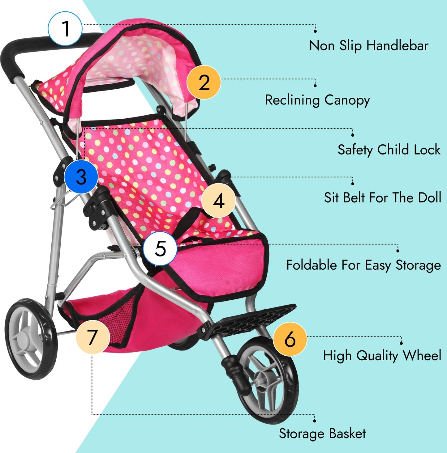 Fash N Kolor Baby Doll Stroller - Adjustable Canopy, Toy Storage, Foldable, Denim Pink, 6 x 1 Inches, Metal