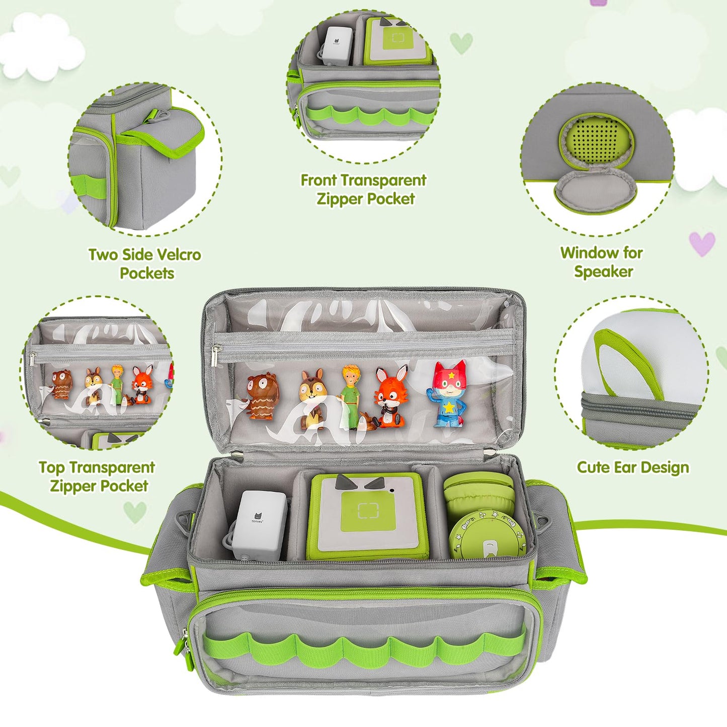 Jaffzora Carrying Case Compatible with Toniebox Starter Set Cute Storage Bag Fits for Tonies Figures Characters Tonies Headphones & Accessories  Grey&Green(Bag Only)