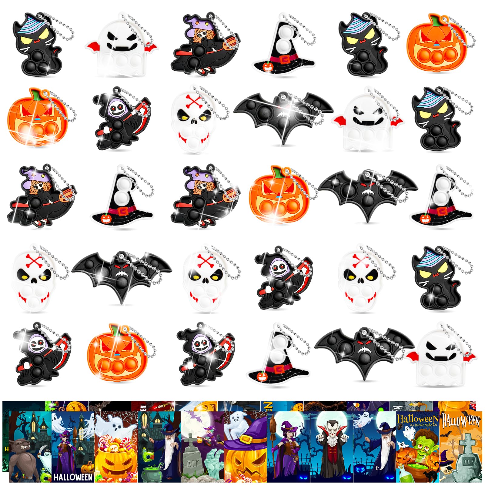 FIDWOD 64pcs Halloween Party Favors for Kids: Stocking Fillers Pop Keychains - Box Fillers Party Favours for Children- Fidget To